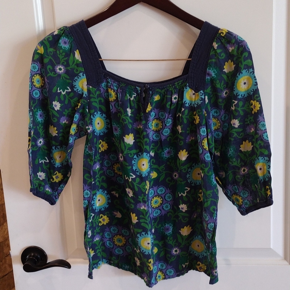 Old Navy Cotton Top Size X-Small. Multi Colors Blue, Green, Yellow. 3/4 Sleeves